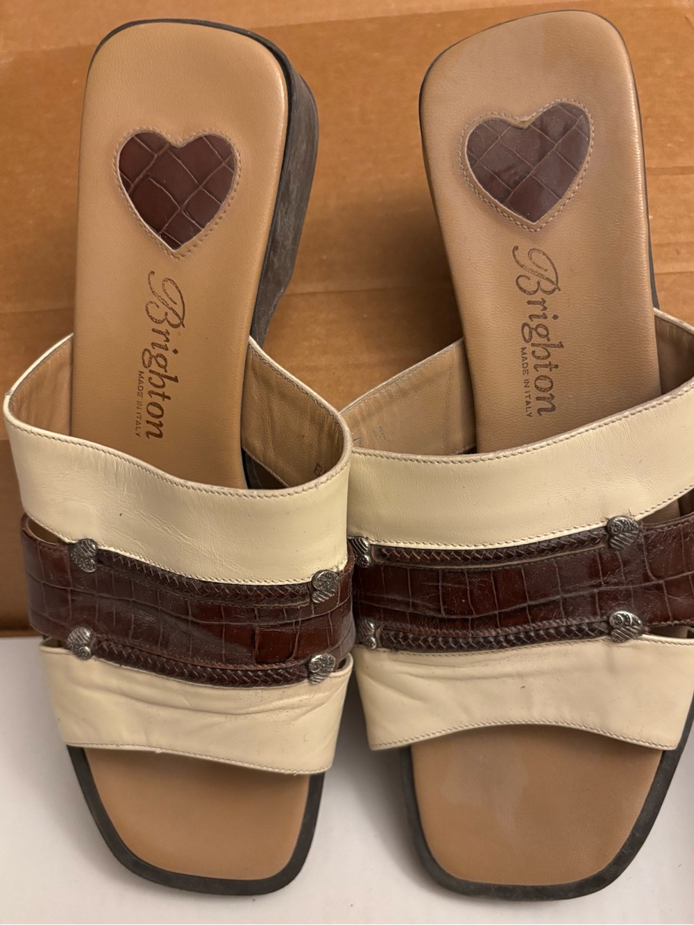Brighton Women's Cream and Brown Slide Sandals Size 7